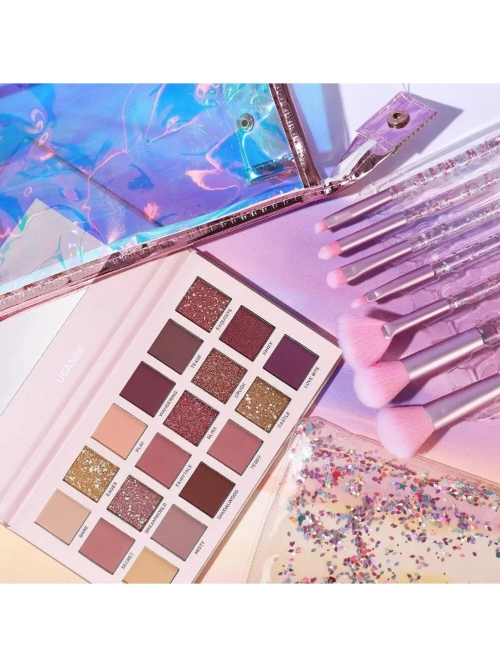 18 Color Nude Eyeshadow Palette + 7 Soft Brushes & Pink Cosmetic Bag Set for